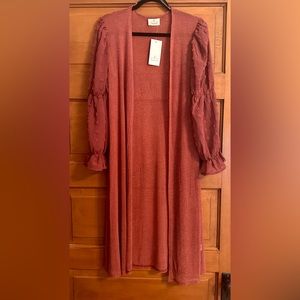 Ember Long kimono Sheer with Ruched Sleeve! Dusty Rose Mauve Large NEW NWT!